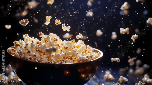 Popcorn kernels floating above a bowl, dark background with bokeh lights. [Graviton Cities] | Buoyant Megastructures | floating bulk. Illustration
