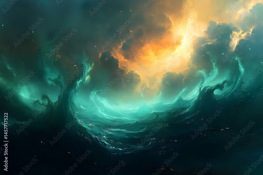 A swirling, tumultuous cosmic ocean scene. A swirling, tumultuous cosmic ocean scene.