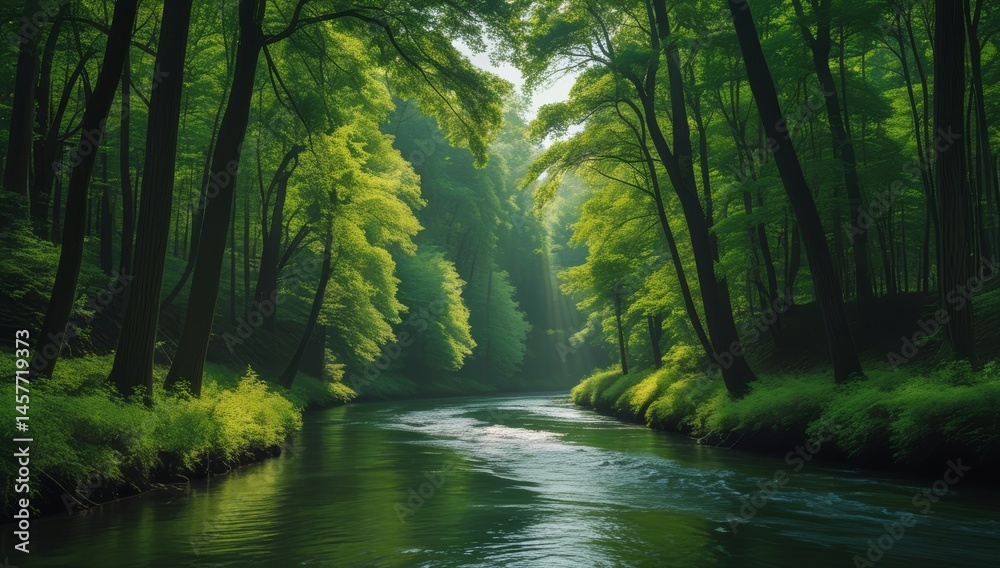Fototapeta premium Enchanting Forest River Scene Serene Greenery Reflecting Sunlight Peace Tranquility