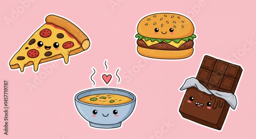 Kawaii Food Stickers: Pizza, Burger, Soup, Chocolate