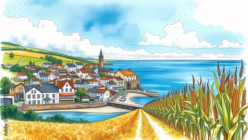 Hand-painted watercolor landscape with coastal village, golden cornfields, blue sky, scenic trail, autumn vibes, peaceful countryside