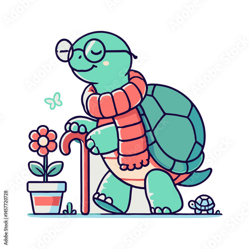 Cheerful Cartoon Turtle with Glasses Scarf and Walking Stick Near Flower Pot Illustration