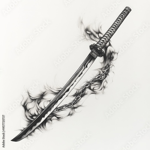 katana, draw, asian, cut, Japan, smoke, black and white, chain, weapon