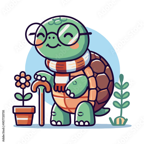 Cartoon Turtle With Glasses and Scarf Holding a Walking Stick Next To Potted Flowers