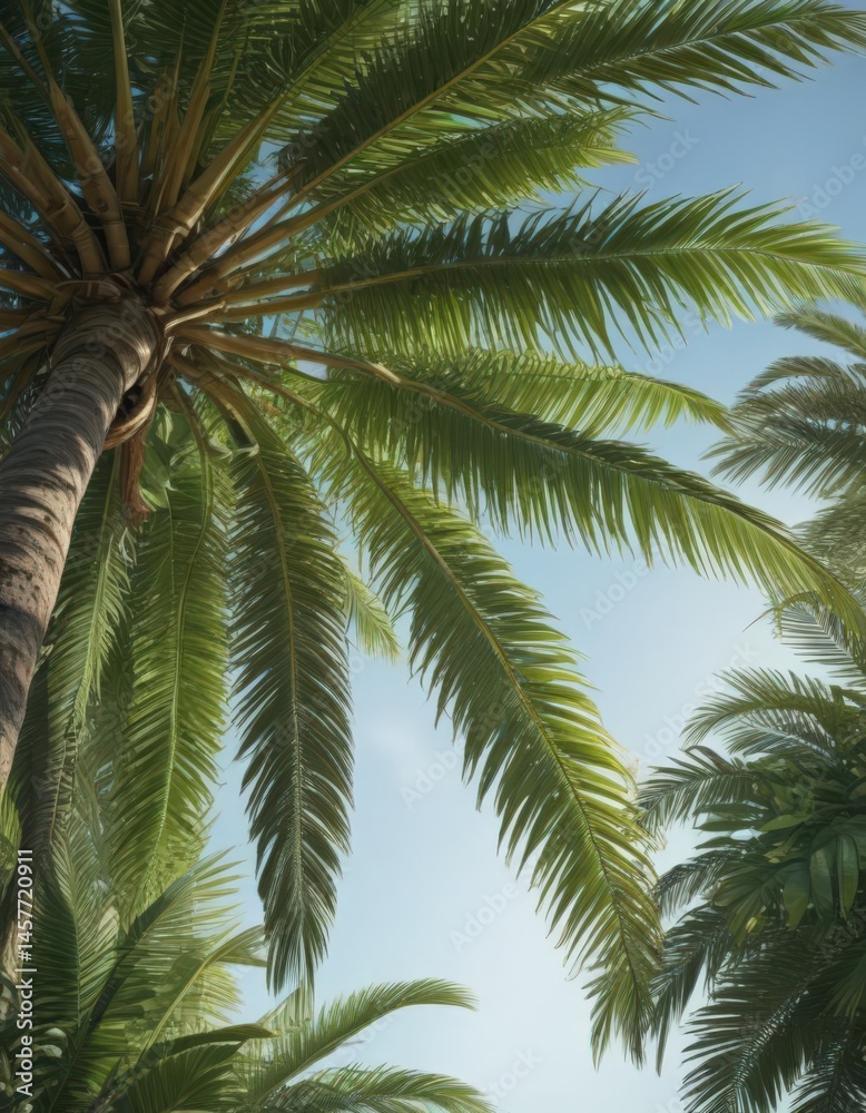 Fototapeta premium Lush green palm tree, leaves spread wide, isolated , sky, florida