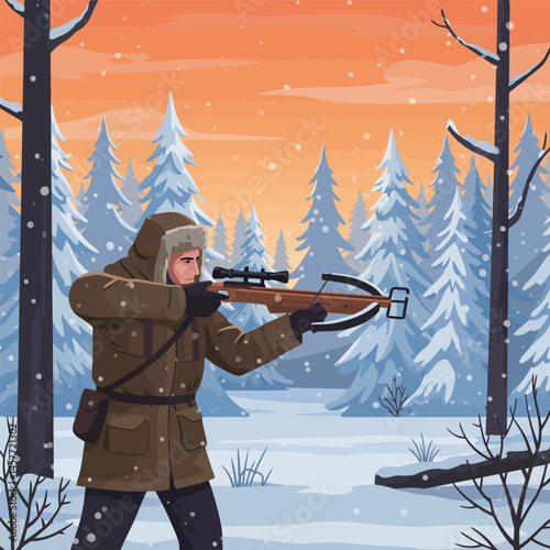 Man Aiming Crossbow in Snowy Winter Forest with Trees