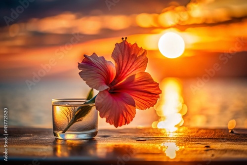 Hibiscus Sunset Minimalist Flat Lay: Warm Hues & Soft Textures on Glass