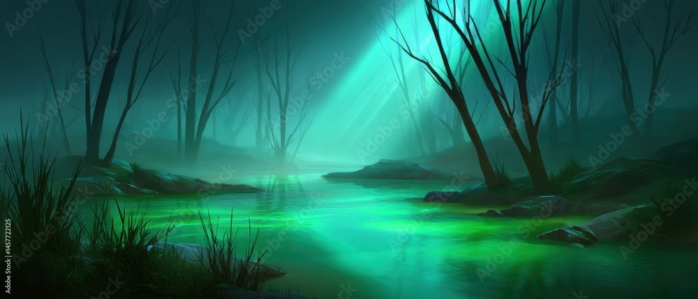 Mysterious forest landscape with glowing water and dark trees.