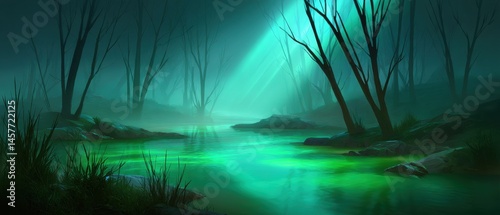 Obraz na płótnie Mysterious forest landscape with glowing water and dark trees. w salonie