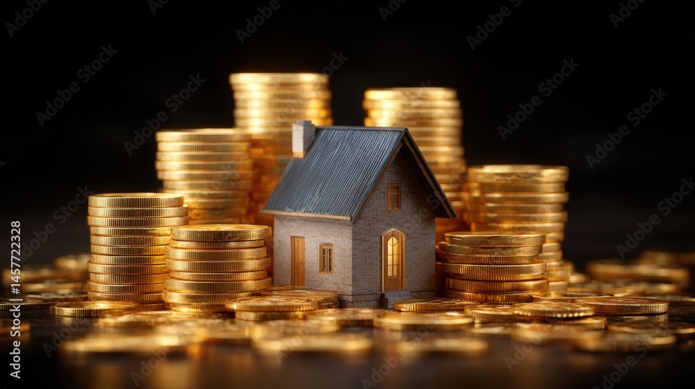 Miniature house surrounded by stacks of gold coins.