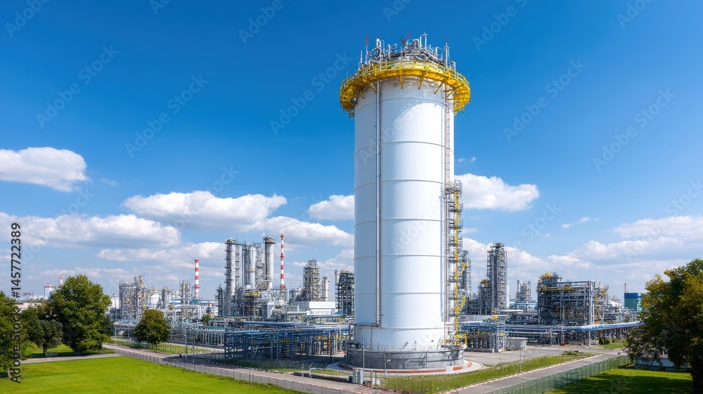 Industrial facility with a prominent tower against a blue sky.