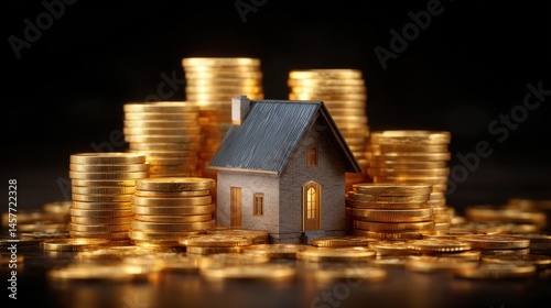 Obraz na płótnie Miniature house surrounded by stacks of gold coins. w salonie