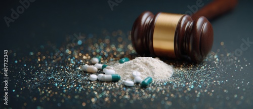 Obraz na płótnie Gavel resting on pills and powder, symbolizing justice and drug issues. w salonie