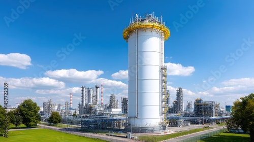 Industrial facility with a prominent tower against a blue sky.