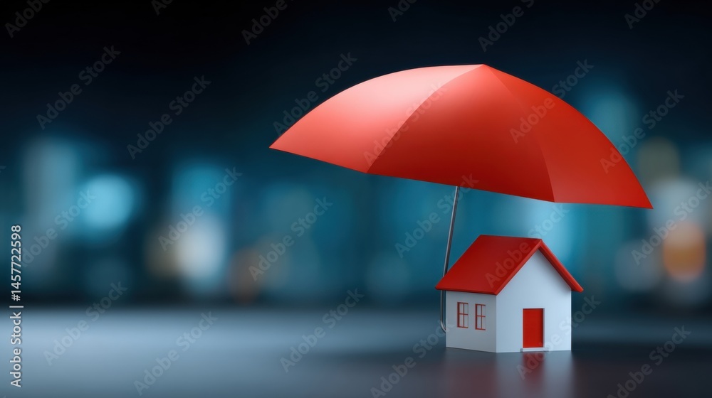 House protected by a red umbrella in a city backdrop.