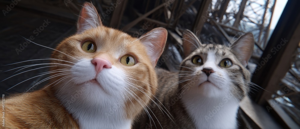 Two curious cats looking intently at the camera.
