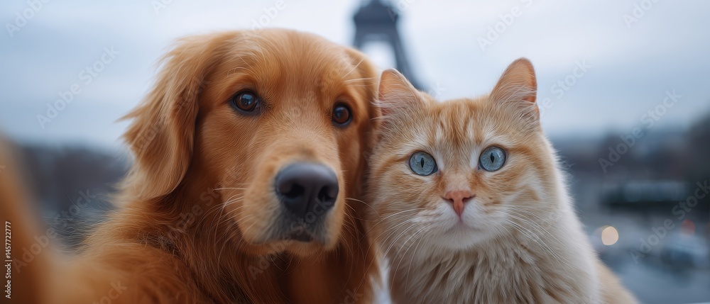 A dog and cat posing together in a cozy setting.