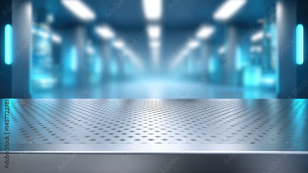 Futuristic corridor with glowing lights and metallic flooring.