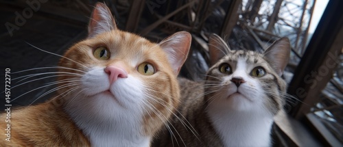 Obraz na płótnie Two curious cats looking intently at the camera. w salonie