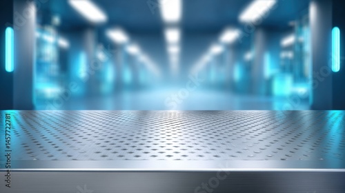 Futuristic corridor with glowing lights and metallic flooring.