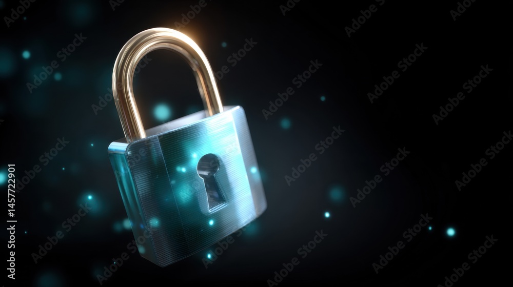Digital padlock glowing against a dark background.