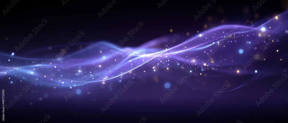 Abstract flowing waves with sparkling lights in a dark background.