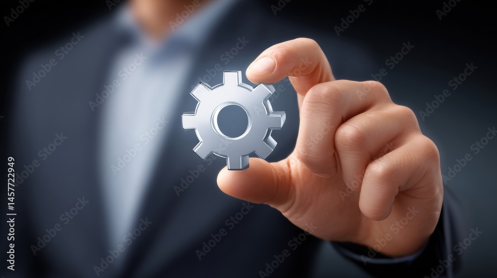 Hand holding a metallic gear symbolizing industry and innovation.