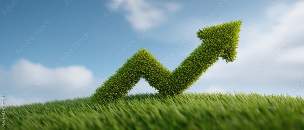 Green growth arrow made of grass on a hill under a blue sky.