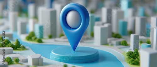 Obraz na płótnie 3D map pin stands out in a cityscape with water features. w salonie