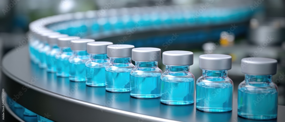 Bottles with blue liquid on a conveyor belt in a production facility.