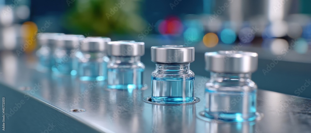 Vials in a lab setting with a blurred background of lights.