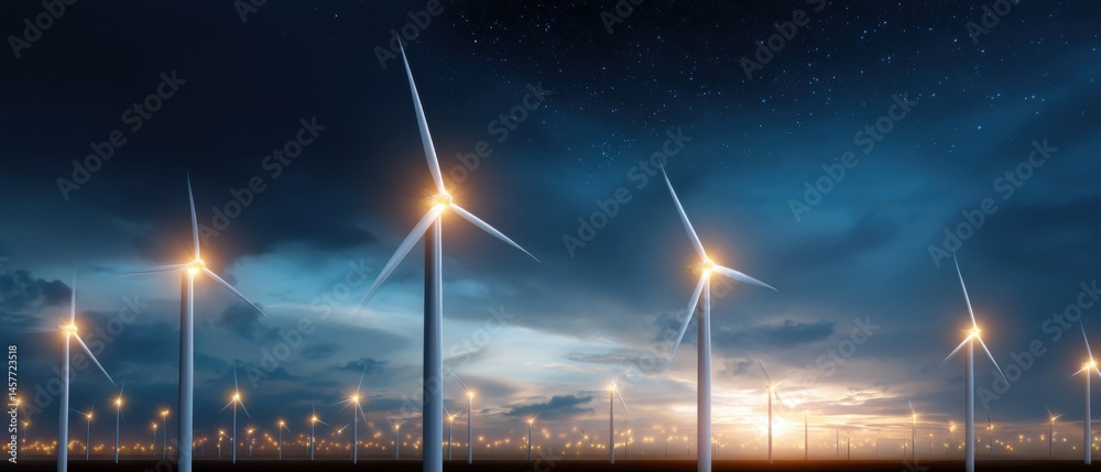 Wind turbines illuminated at dusk against a twilight sky.