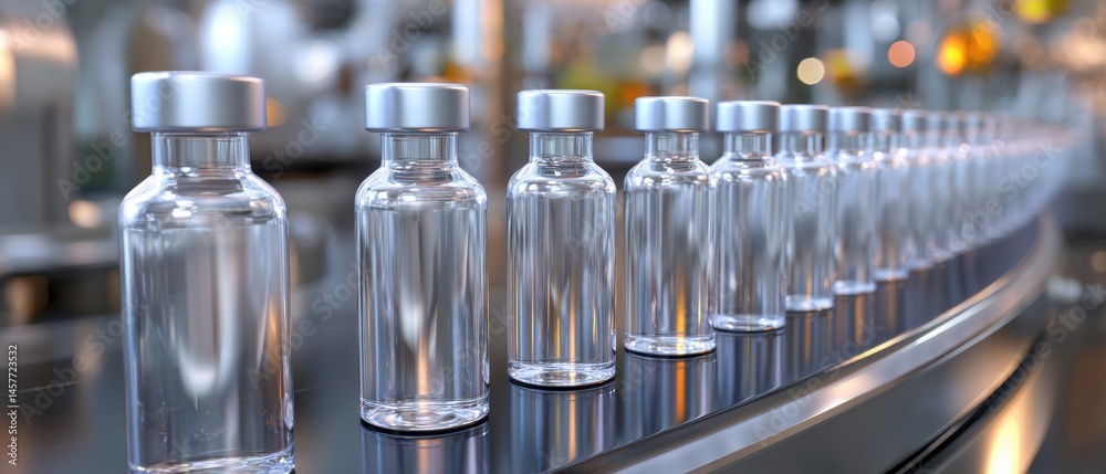 Glass vials on a production line in a pharmaceutical factory setting.