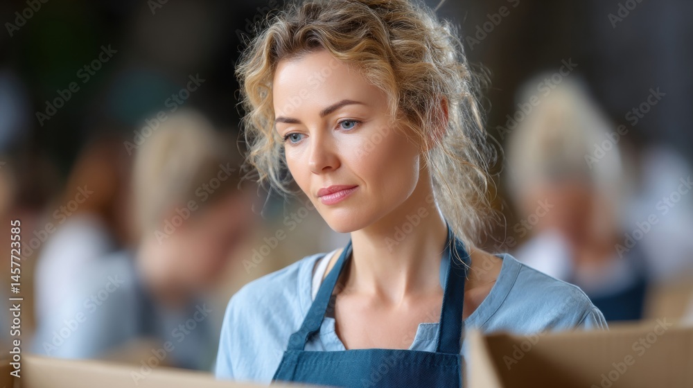 Focused woman working in a busy environment with boxes.