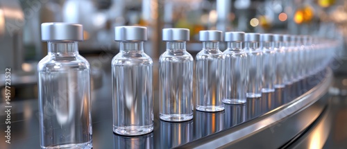 Obraz na płótnie Glass vials on a production line in a pharmaceutical factory setting. w salonie