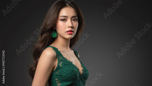 Elegant Woman in Green Dress Posing with Grace Against Dark Background