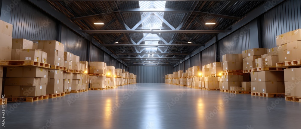 Spacious warehouse filled with stacked boxes and pallets.