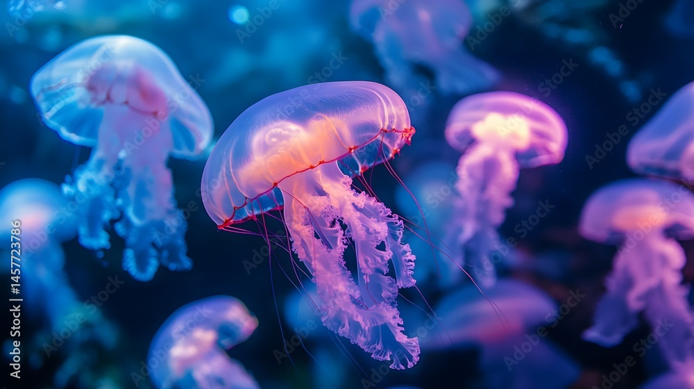 Glowing jellyfish in a vibrant aquarium Glowing jellyfish in a vibrant aquarium