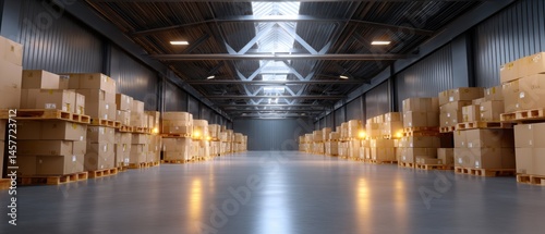 Obraz na płótnie Spacious warehouse filled with stacked boxes and pallets. w salonie