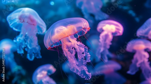 Glowing jellyfish in a vibrant aquarium