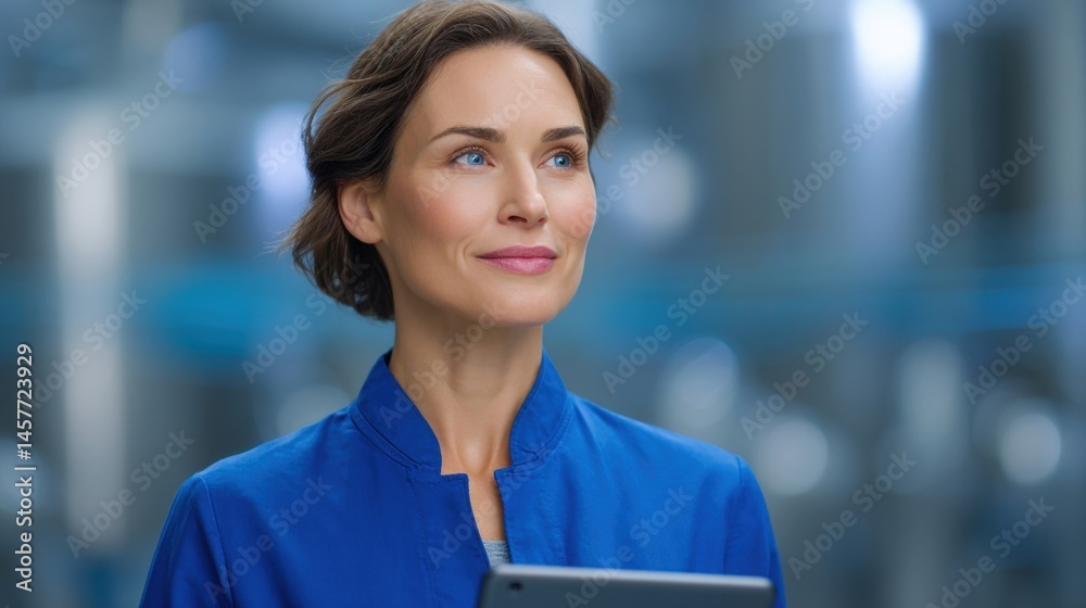 Professional woman with tablet in a modern setting.
