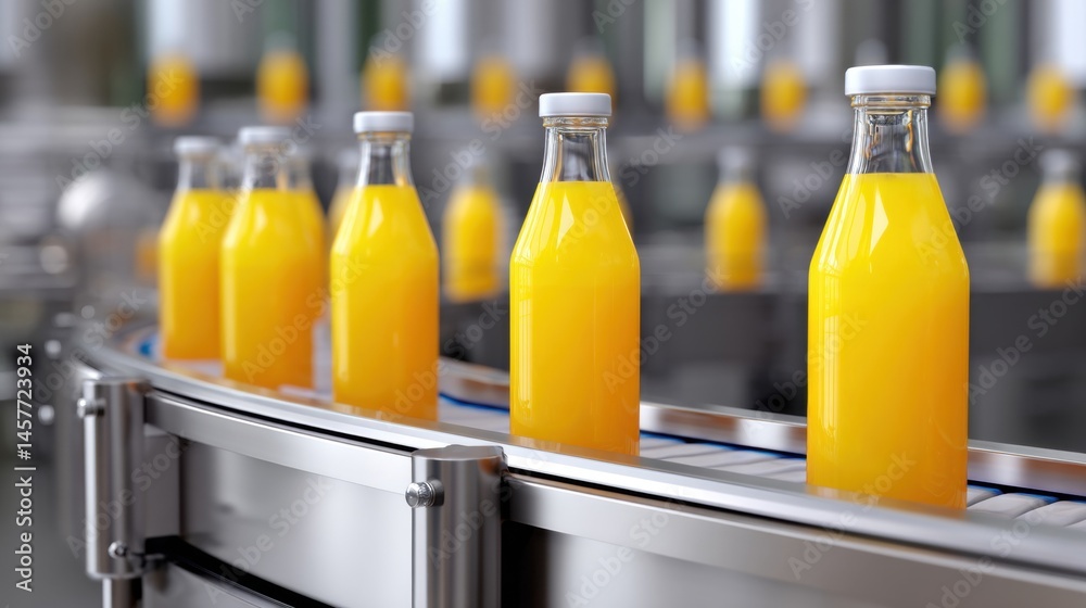 Bottles of orange juice on a production line in a factory setting.