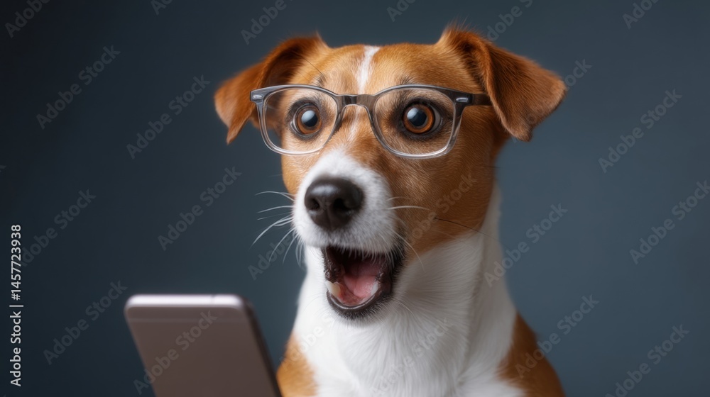 A surprised dog wearing glasses looks at a smartphone.