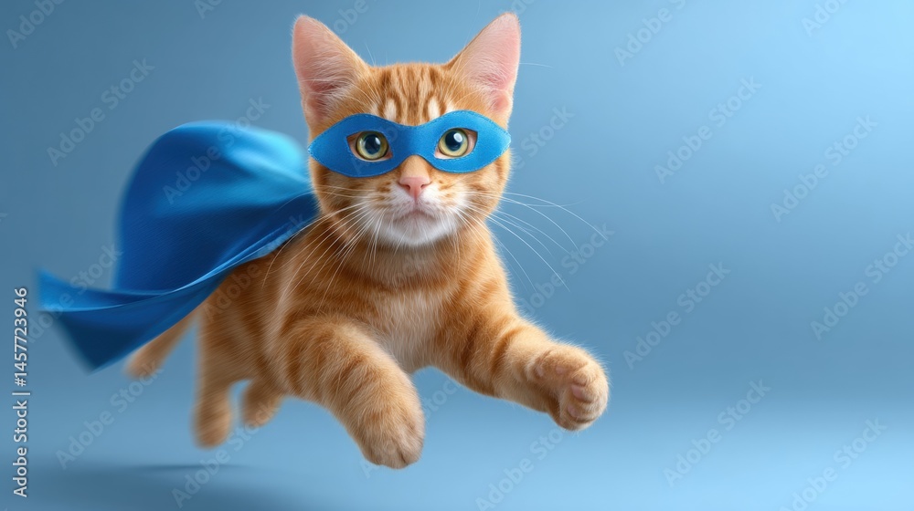 Superhero cat in a blue mask and cape flying through the air.