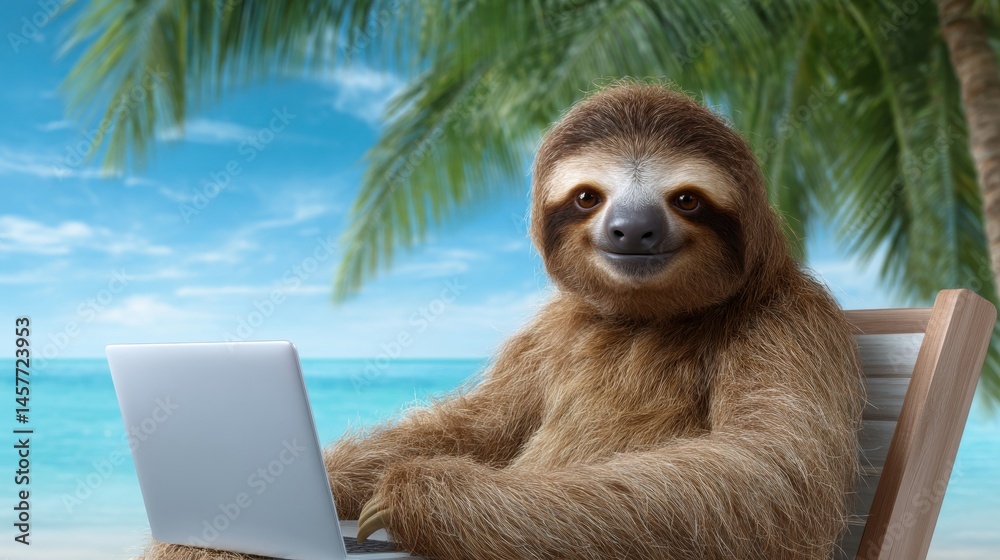 Sloth using a laptop at a beach with palm trees in the background.