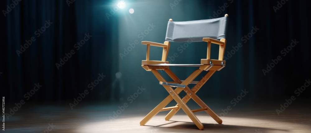 Empty director's chair under spotlight on stage.