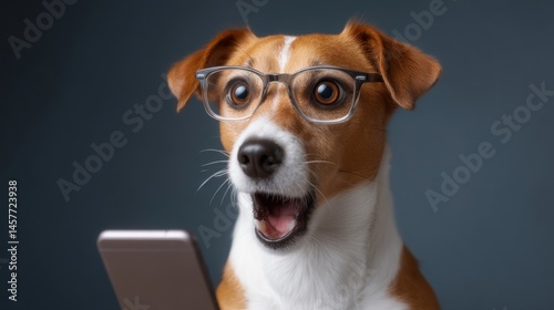 Obraz na płótnie A surprised dog wearing glasses looks at a smartphone. w salonie