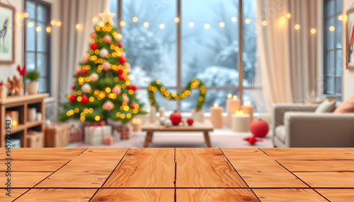 Empty woooden table top with abstract warm living room decor with christmas tree string light blur background with snow,Holiday backdrop,Mock up banner for display of advertise product, cartoon styl