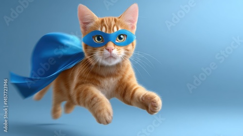 Obraz na płótnie Superhero cat in a blue mask and cape flying through the air. w salonie