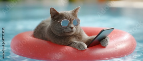 A cat in sunglasses relaxes on a float while using a smartphone.